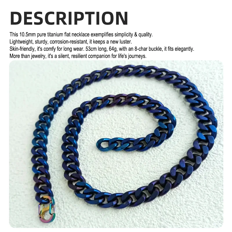 Ground Flat Titanium Necklace 10.5mm - Two Tone Blue & Colored Durable Daily Accessory
