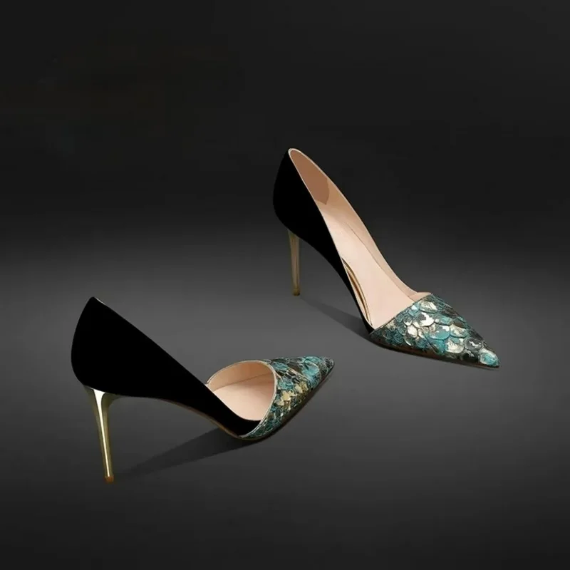 Fashion New Genuine Leather Women Pumps,Side Shallow Out High Heels Autumn Shoes,Slip on,Green,Gold,Pointed Toe Dropship