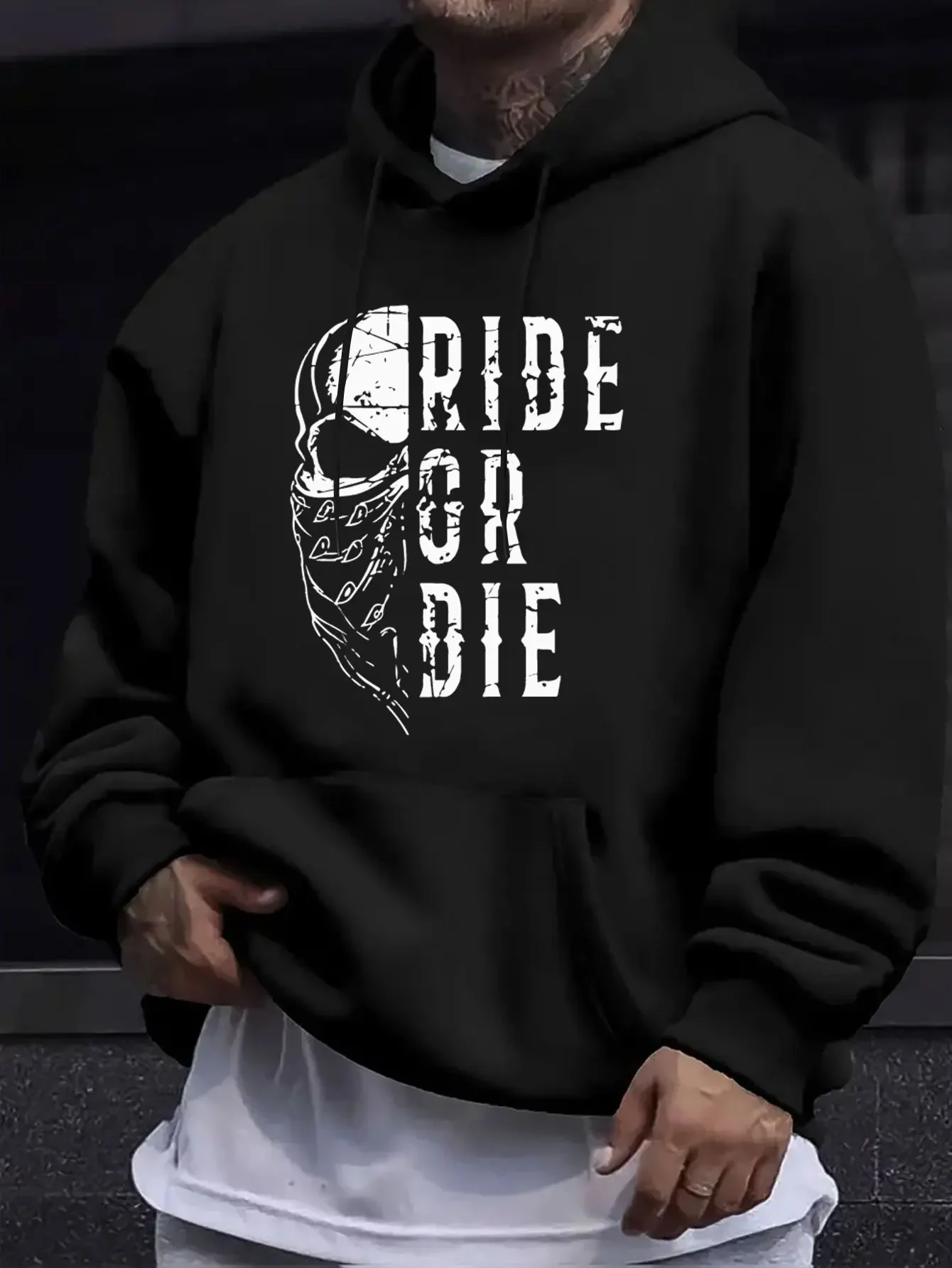 Men’s Motorcycle Ride Or Die Biker Skull Graphic Hoodie Grunge Streetwear Front Print Loose Pullover Autumn Winter Fleece