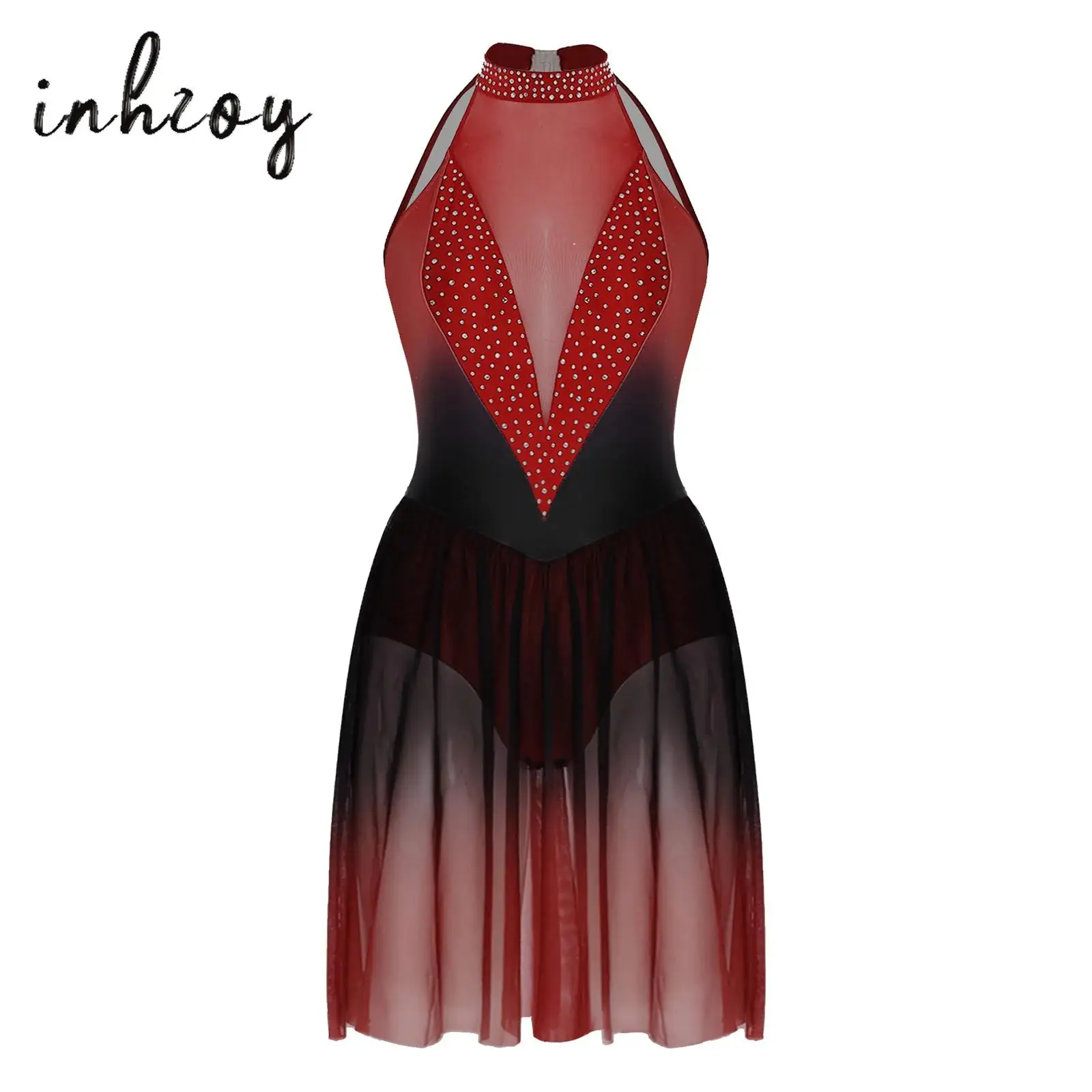 

Women Lyrical Dance Dress Halter Cutout Back Shiny Rhinestones Gradient Color Sheer Mesh Patchwork Dress for Ballet Competition
