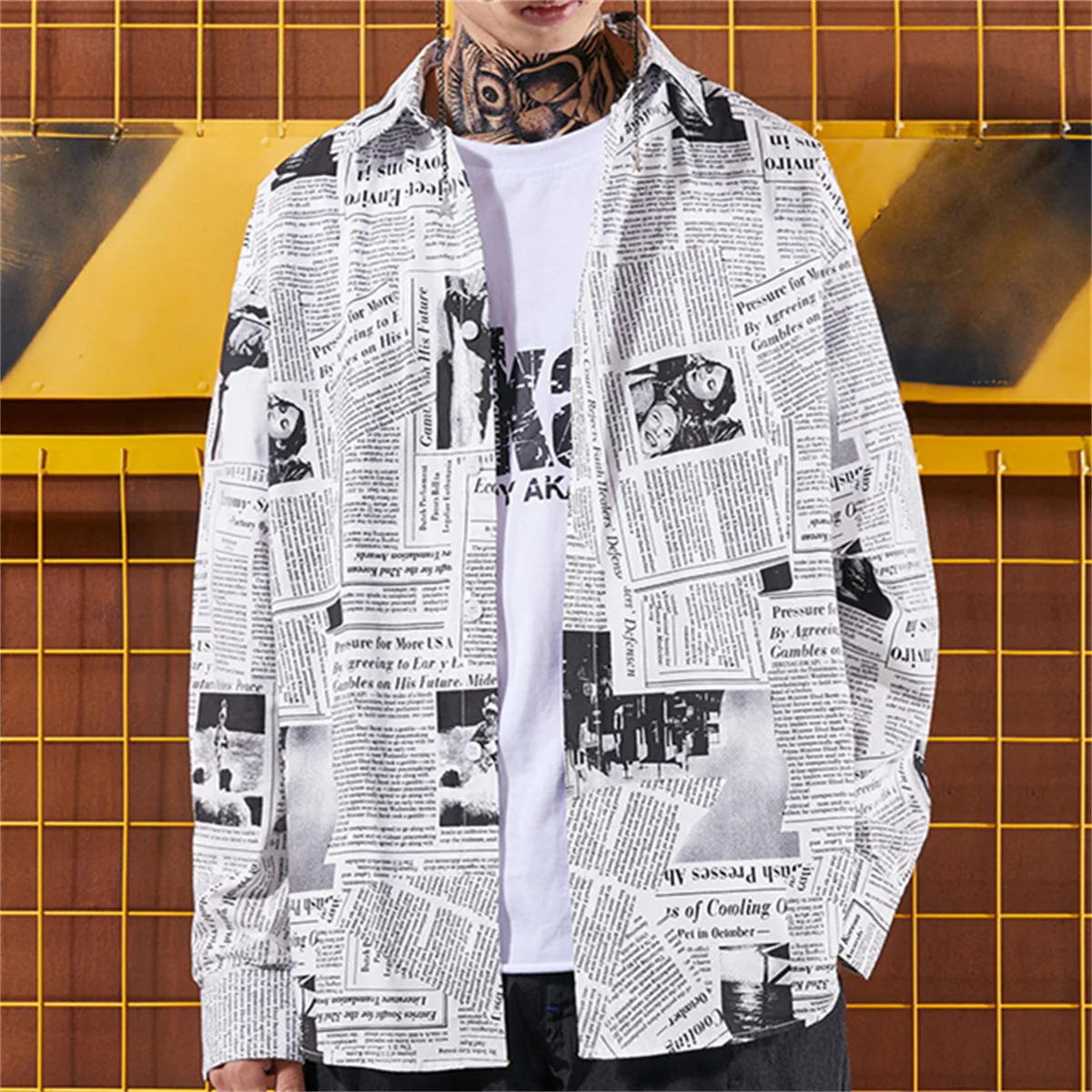 Cool Newspaper Shirts Men Fashion Hip Hop Loose Shirt Streetwear Long Sleeve Casual Summer Shirts Funny Ulzzang High Street Tops