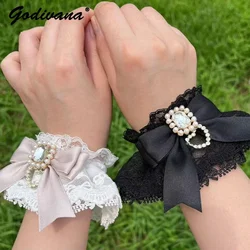Luvas artesanais de renda Acessórios, renda de três camadas, arco Oversleeves, Lolita, mina japonesa, pulseira artesanal produzida em massa, moda