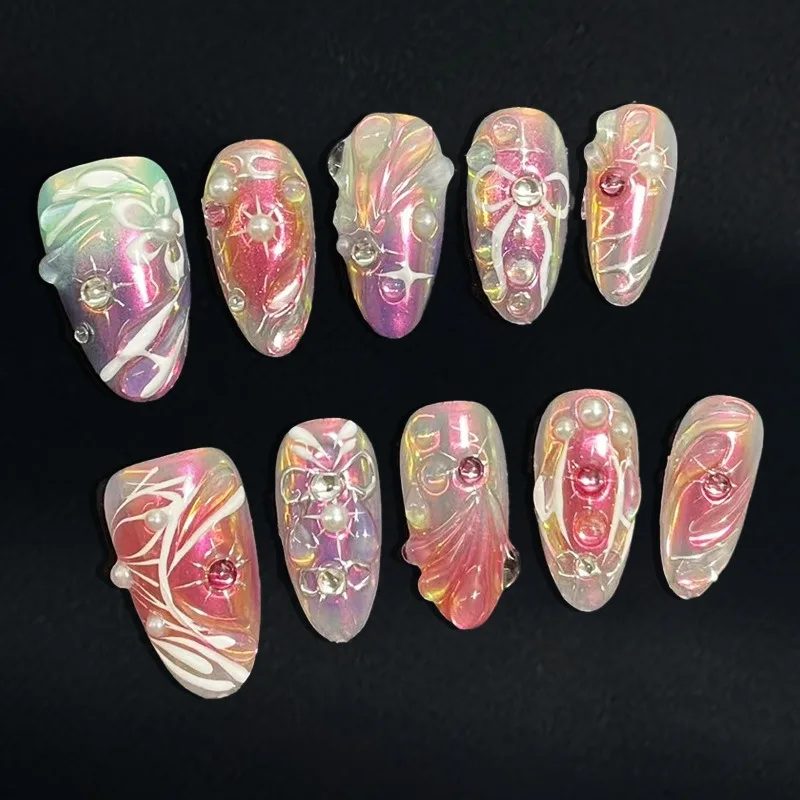 10pcs Pink Almond Handmade False Nails Sweet Rhinestone Lightstar Stick on Nail Tip Finished Press on Nails Art Purple Fake Nail