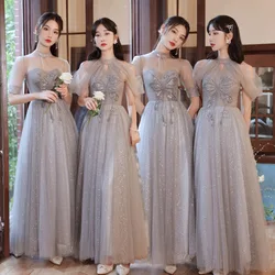 Grey Tulle  Bridesmaid Dress Women Appliques Sequin Off Shoulder A-line Graduation Dresses Simple Gentle Elegant Choir Gown