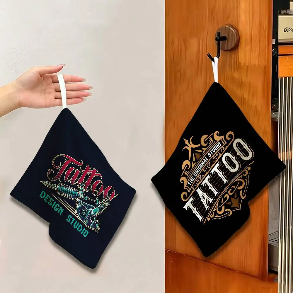 Tattoo Shop Hanging Kitchen Towel, Polyester Cotton Material, Wear Resistant Hand Wiping Towel for Home