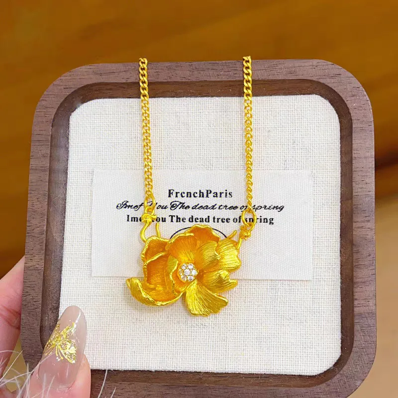 

Women's 24K Gold AU999 Diamond-Dotted Brushed Peony Pendant Ancient-brushed with velvety petals, elegant for traditional events