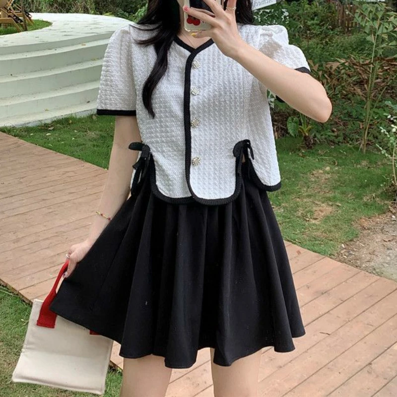 

Комплекты из 2 предметов, женские винтажные футболки со вставками, элегантные мини-юбки со складками, эстетические летние базовые платья для свиданий, праздник Mujer, повседневный Ulzzang