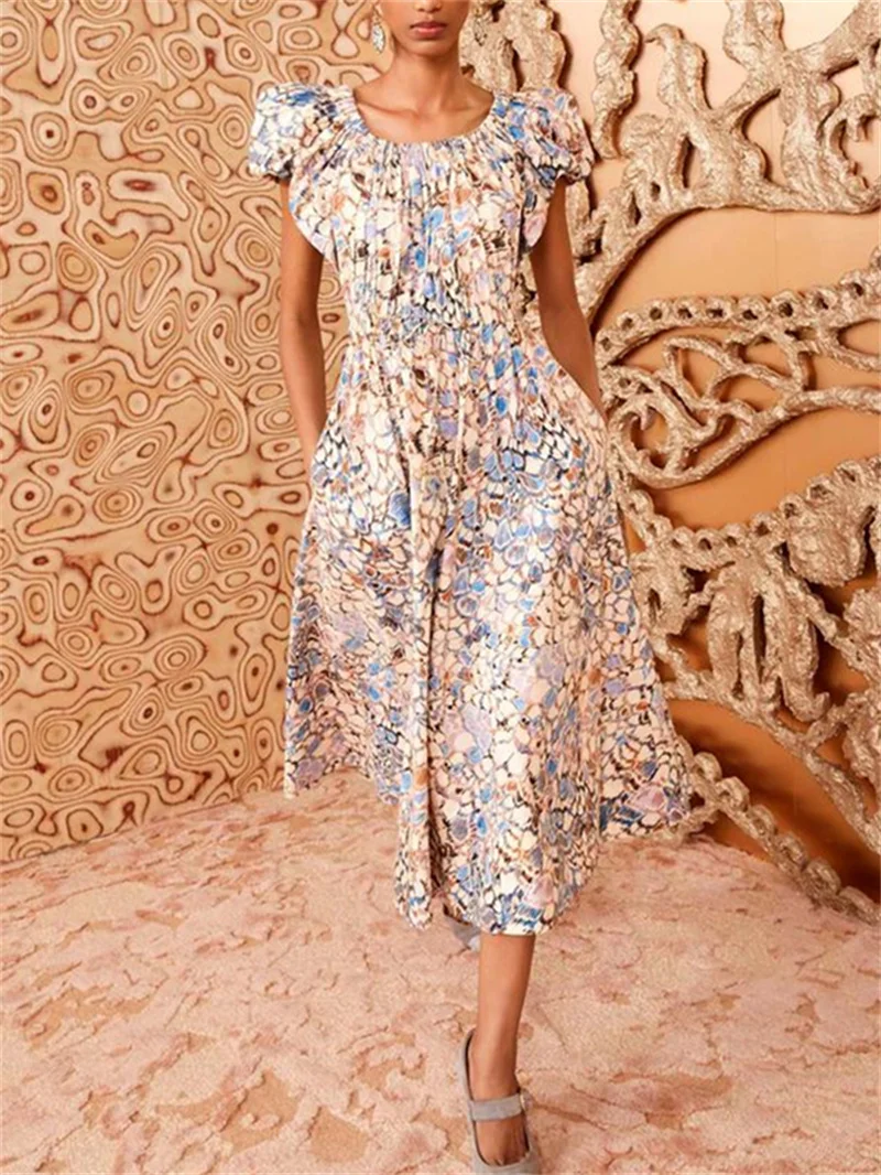 

Плиссированное платье с принтом, женское ретро-платье с высокой талией, круглым вырезом и короткими рукавами, женский тонкий халат средней длины, новинка 2024 года