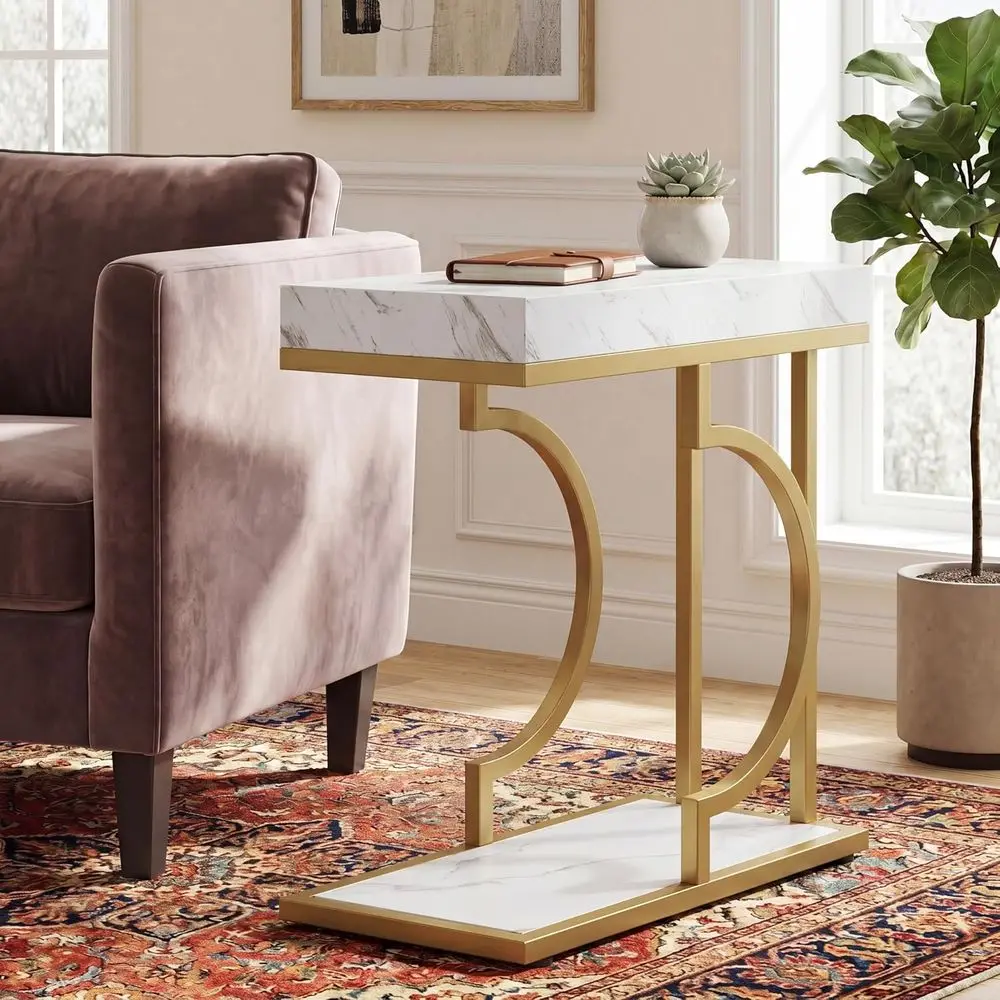 Elegant White & Gold C-Shaped Side Table for Living Room or Bedroom with Metal Accents