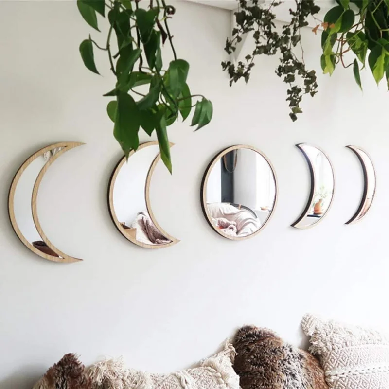 

5 Pieces Scandinavian Natural Decor Acrylic Wall Decorative Mirror Interior Design Wooden Moon Phase Mirror Bohemian Wall Decora
