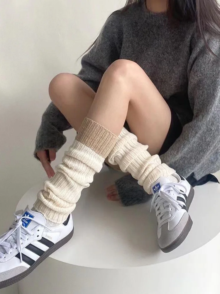 Women Trendy Long Tube Pile Socks Knitted JK Socks and Socks White Calf Sock Covers, Spliced Leg Covers Stacked Socks