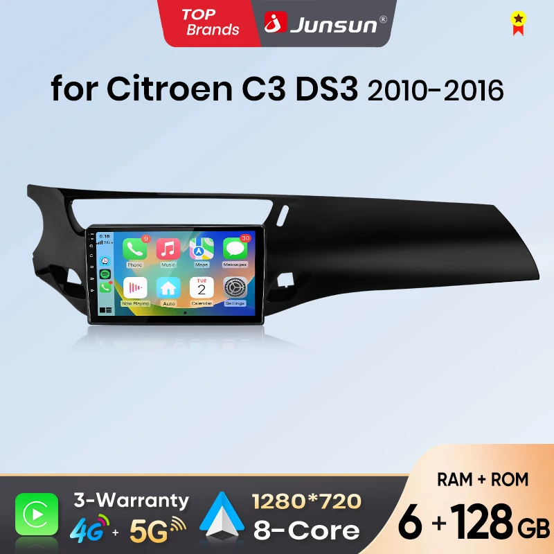 Autoradio Android Auto Junsun pour Citroen C3 DS3 2010 2011 2012 2013 2014 2015 2016, système intelligent multimédia sans fil Apple CarPlay, écran tactile IPS, lecteur vidéo stéréo, autoradio 2 Din, navigation BT GPS 4G WIFI FM AM DSP RDS SWC