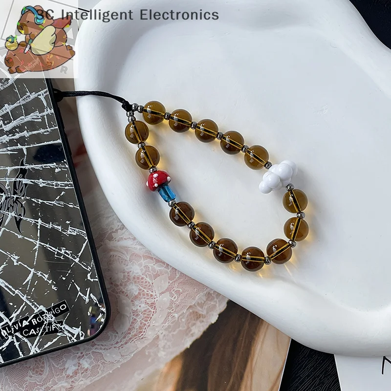1pcs Maillard Color Retro Style Amber Crystal Glass Beaded Cloud Mobile Phone Chain Pendant