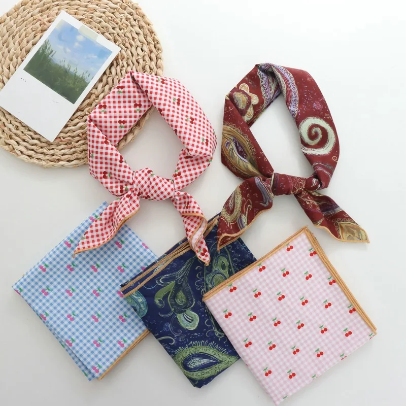 

2025 New Retro Silk Scarf Small Square Towel Women's Spring New Headscarf All-Match Cashew Printing 100% Cotton Scarf Headband