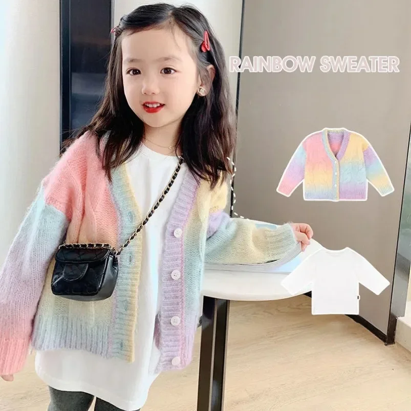 New Rainbow Knitted Cardiganr Infant Toddler Child Sweet Kawaii Sweater Coat Fashion Girls Gradient Jacket Clothes