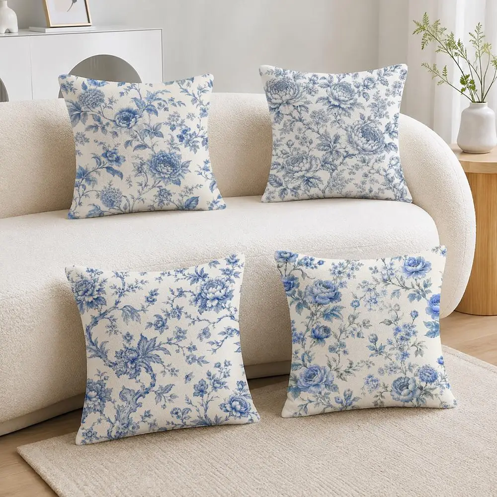 Japandi Minimal Blue Flower Pattern Cushion Cover Soft Fluffy Short Plush  Pillow Case  Sofa Bed Home Decor