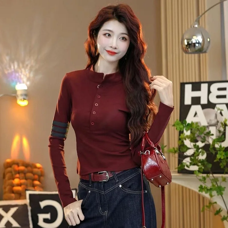 Faionable Button-Up f-High Collar Color Blo Base irt Slim Fit Anti-Aging Women's Top Autumn New Sle Hot Fire Beau