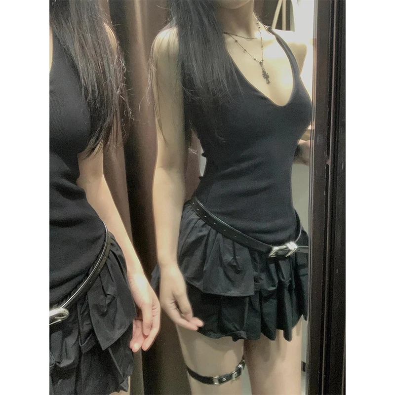 MEXZT Y2K Mini Abito Nero Donna Fashion Party Sexy Ruffles Halter Abiti Estate Gyaru Coreano Scollo a V Backless Aderente Abiti