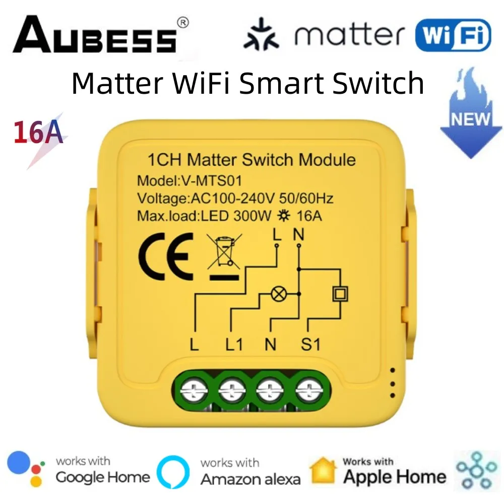 Matter WiFi Smart Switch Module 1-Gang 16A Smart Home Smart Scenes Homekit Remote Control Work with Alexa Google Home Siri