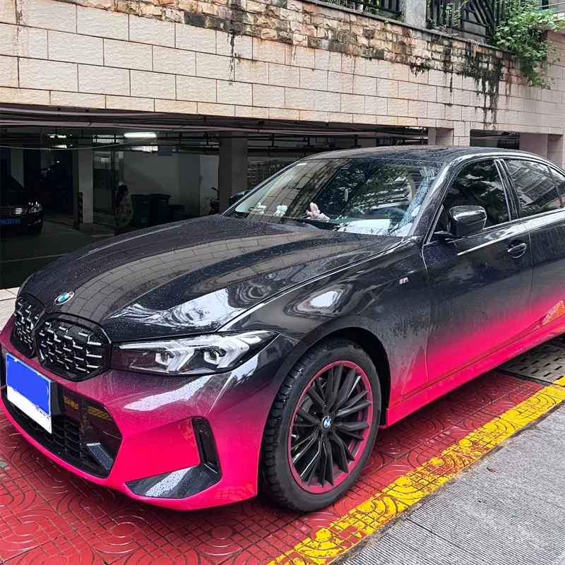 1.52*18 متر تصميم مخصص أسود وردي سوبر لمعان الحرباء بولي كلوريد الفينيل ذاتية اللصق جسم السيارة الفينيل التفاف يلتف السيارة