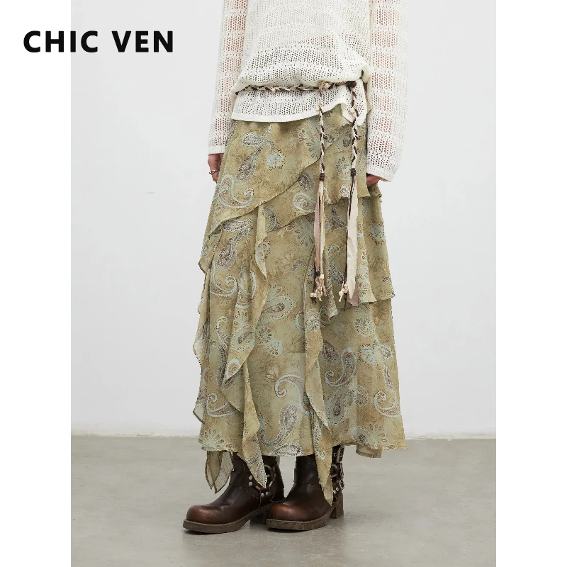 

CHIC VEN Корейская женская юбка свободного кроя в волнообразном стиле с асимметричными оборками, средней длины, с узором пейсли, весна-лето 2026
