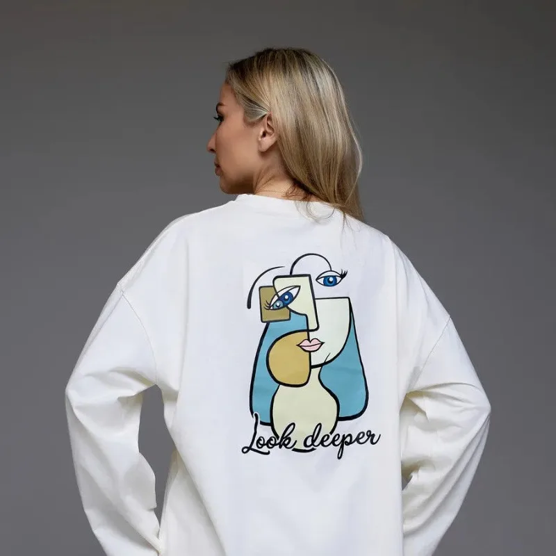 Street Fashion Art Face Graphic T-shirt a maniche lunghe Pullover Felpa oversize ampia Grigio Bianco Simpatico cartone animato Top Design divertente