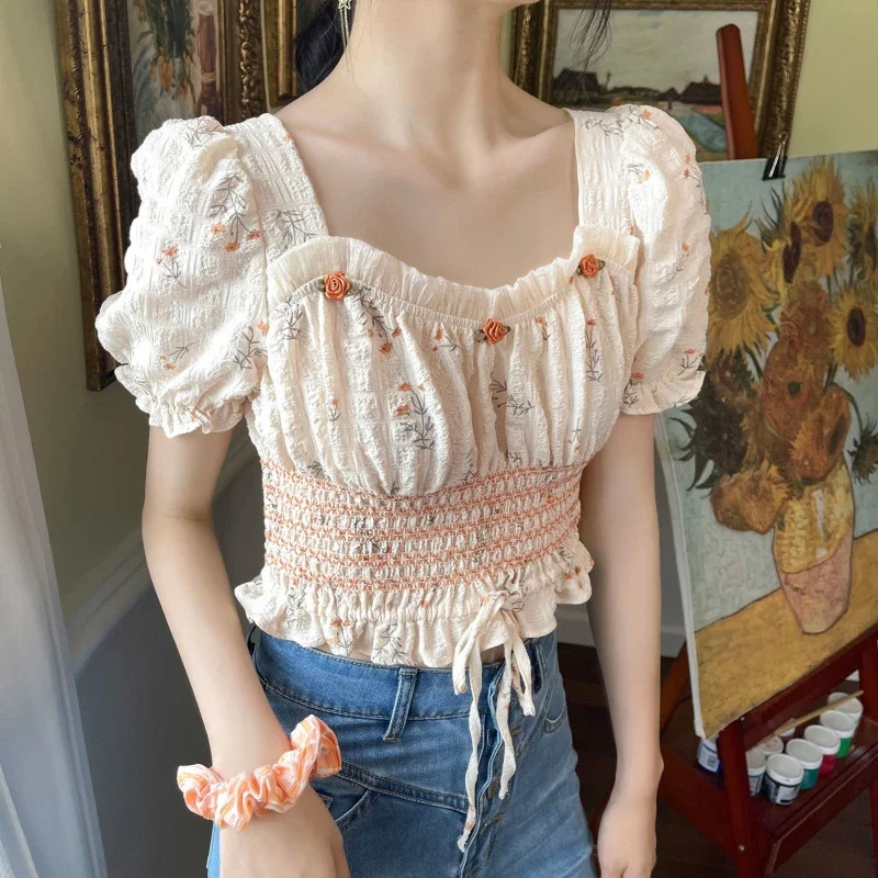 French Elegant Shirts Draw String Slim Waist Ruffles Square Collar Puff Sleeve Crop Tops Summer Sweet Preppy Style Women Blouses