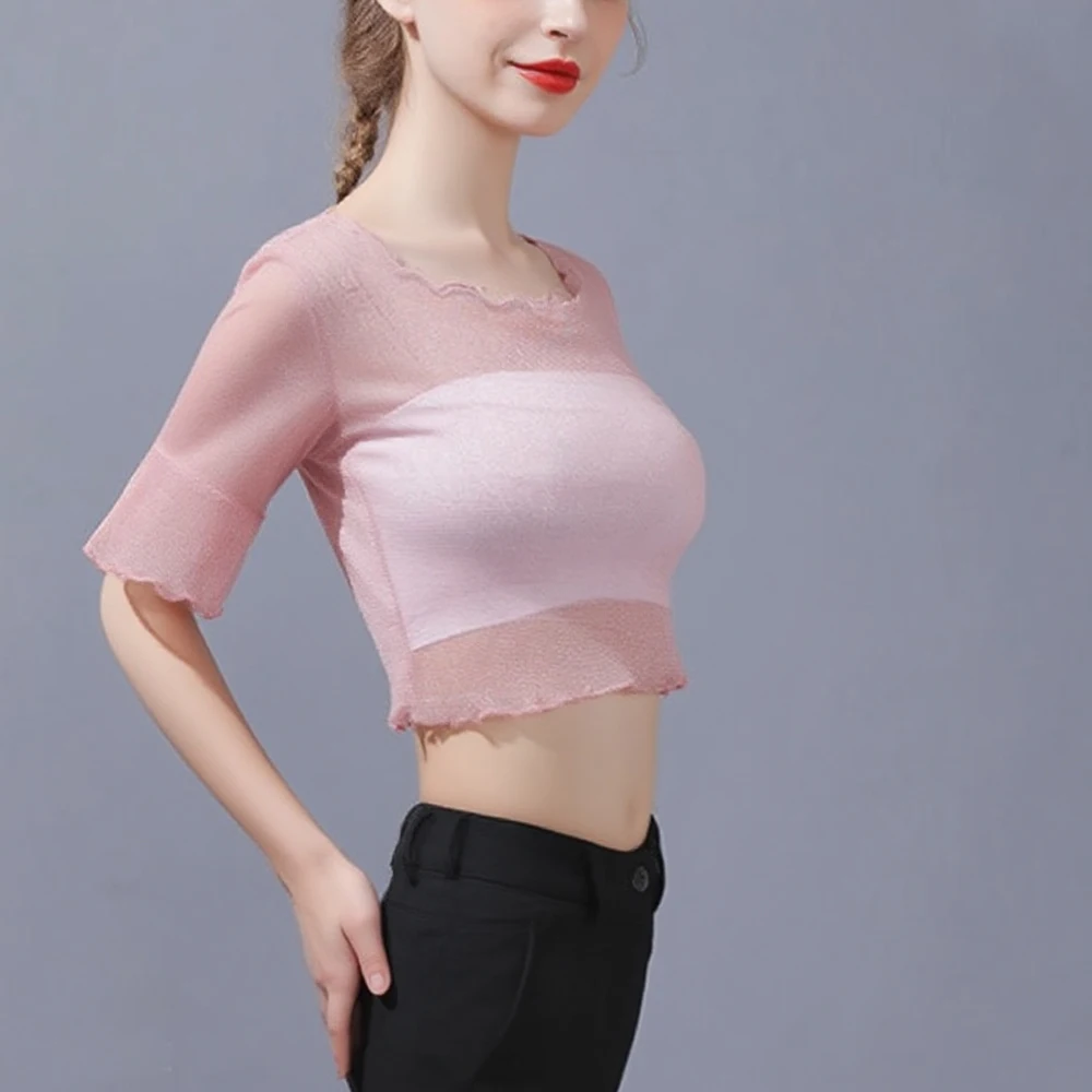 

Flare Sleeve Mini Short T Shirt Women Black White Silver Shiny Sexy See Through Elastic Thin Shirts S-2XL O Neck Short Top Girl