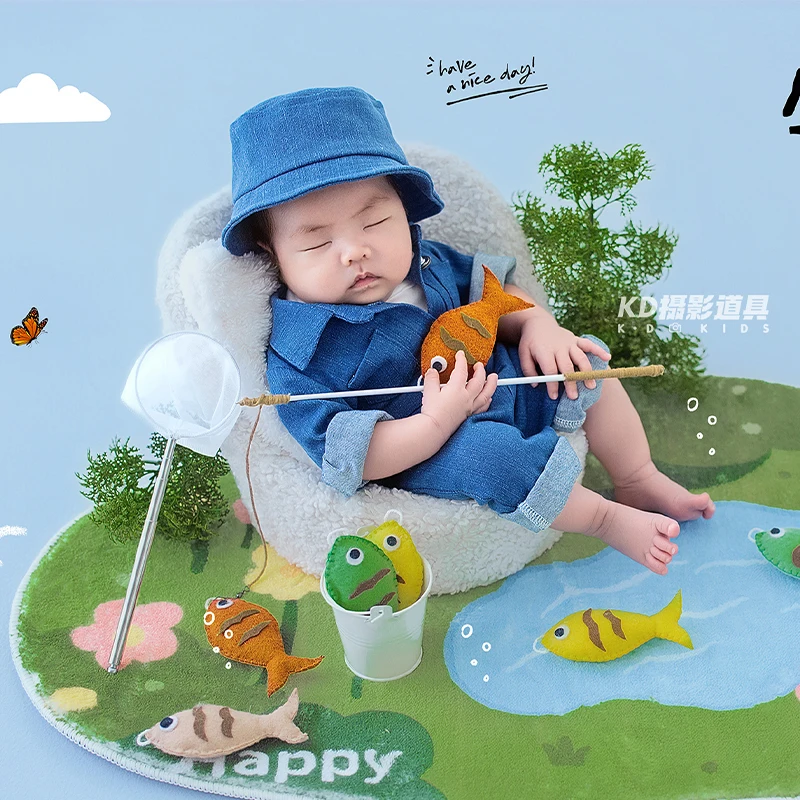 Newborn Baby Outdoor Fishing Theme Photography Outfit Denim Romper with Hat Fishing Gear Props Set for 0-1M Infant Photo Shoot
