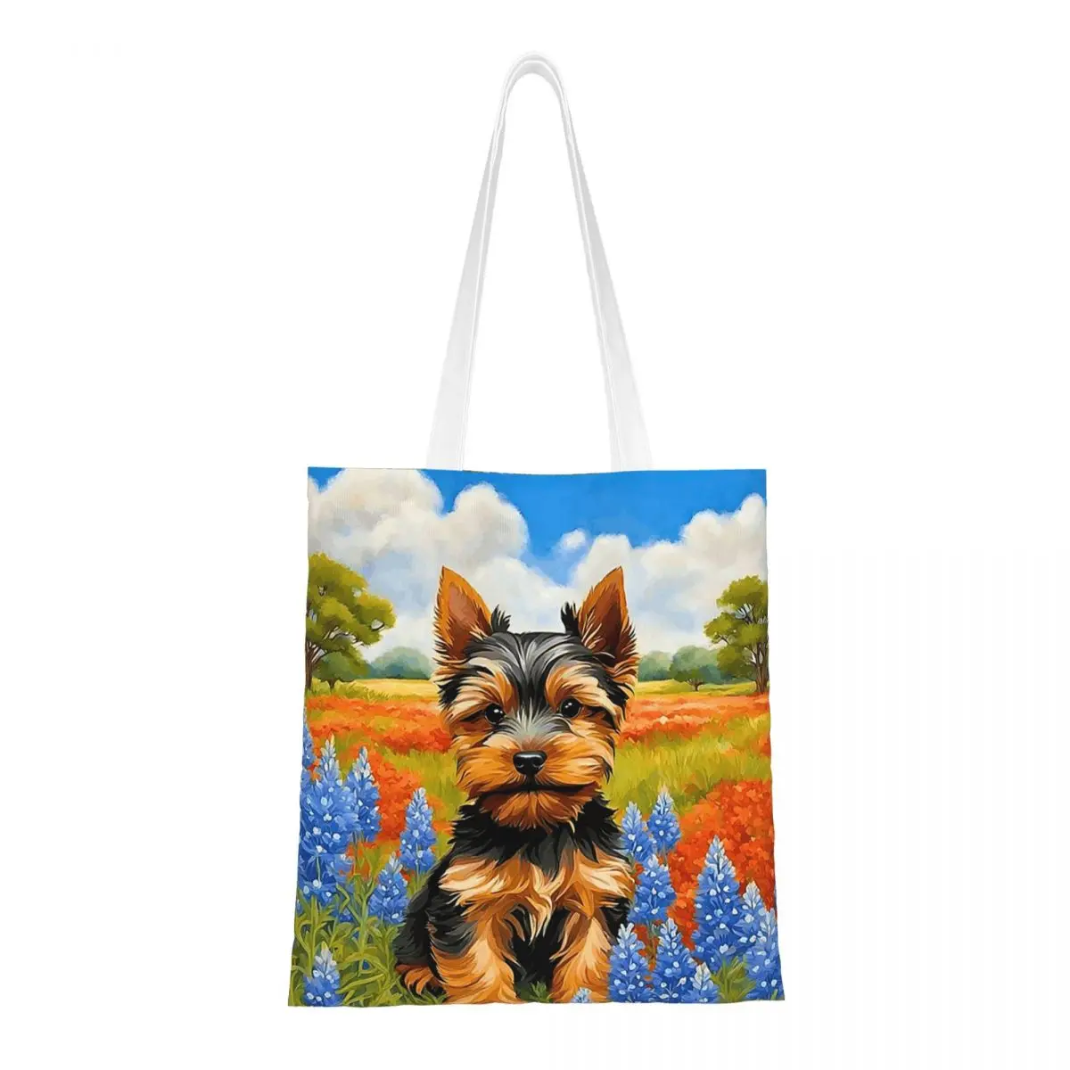 Texas Wildflower Field Yorkshire Terrier Dog Shopping Bags Girls Canvas The Tote Bag Reusable Girls Shoulder Tote Travel Handbag