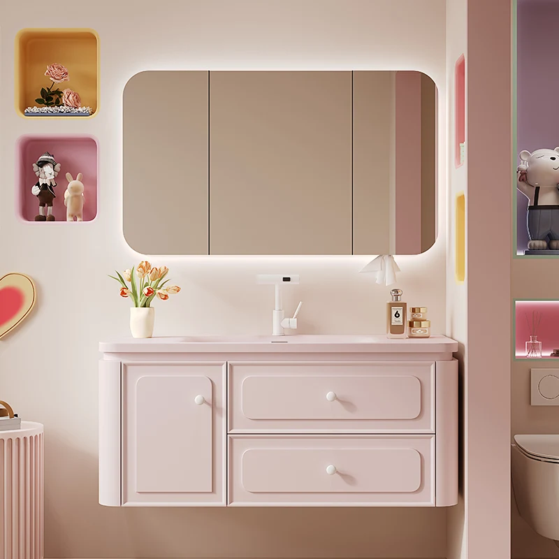 

French dopamine color bathroom cabinet ceramic integrated basin pink paint oak