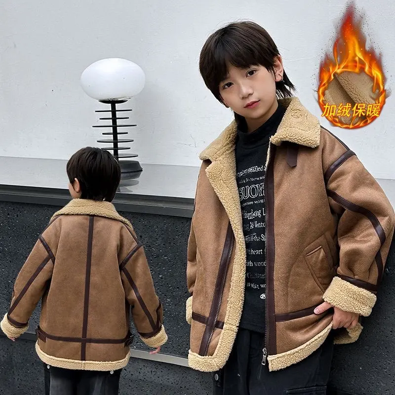 Boys Winter Jacket New Faux Fur Lined Thickened Leather And Fur Integrated Velvet Jacket for Children