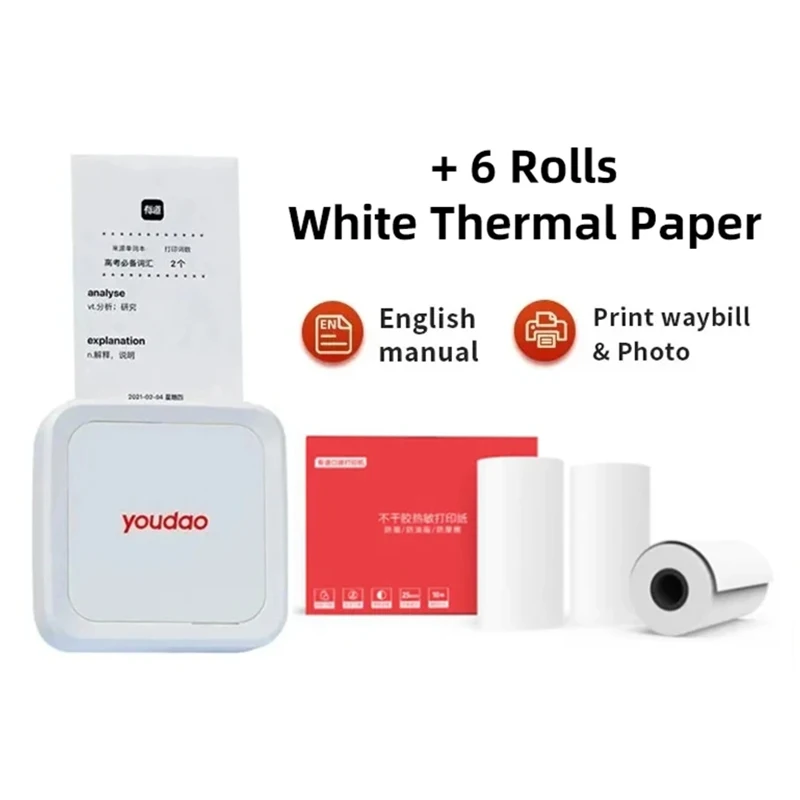 

Youdao Pocket Printer Pro C Mini Portable Paper Label Barcode with 6 Roll White Thermal Paper Gift