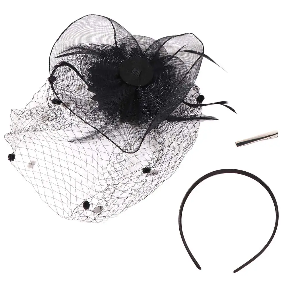 

Модная французская свадебная повязка на голову в стиле Хепберн с перьями и цветами, сетчатая фата-вуаль для невесты, украшение для лица