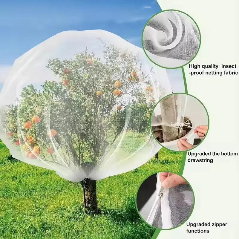 ●Large Fruits Tree Netting Cover With Zipper And Drawstring Garden Insect Netting Transparent Bird Plant Barrier Mesh Screen
