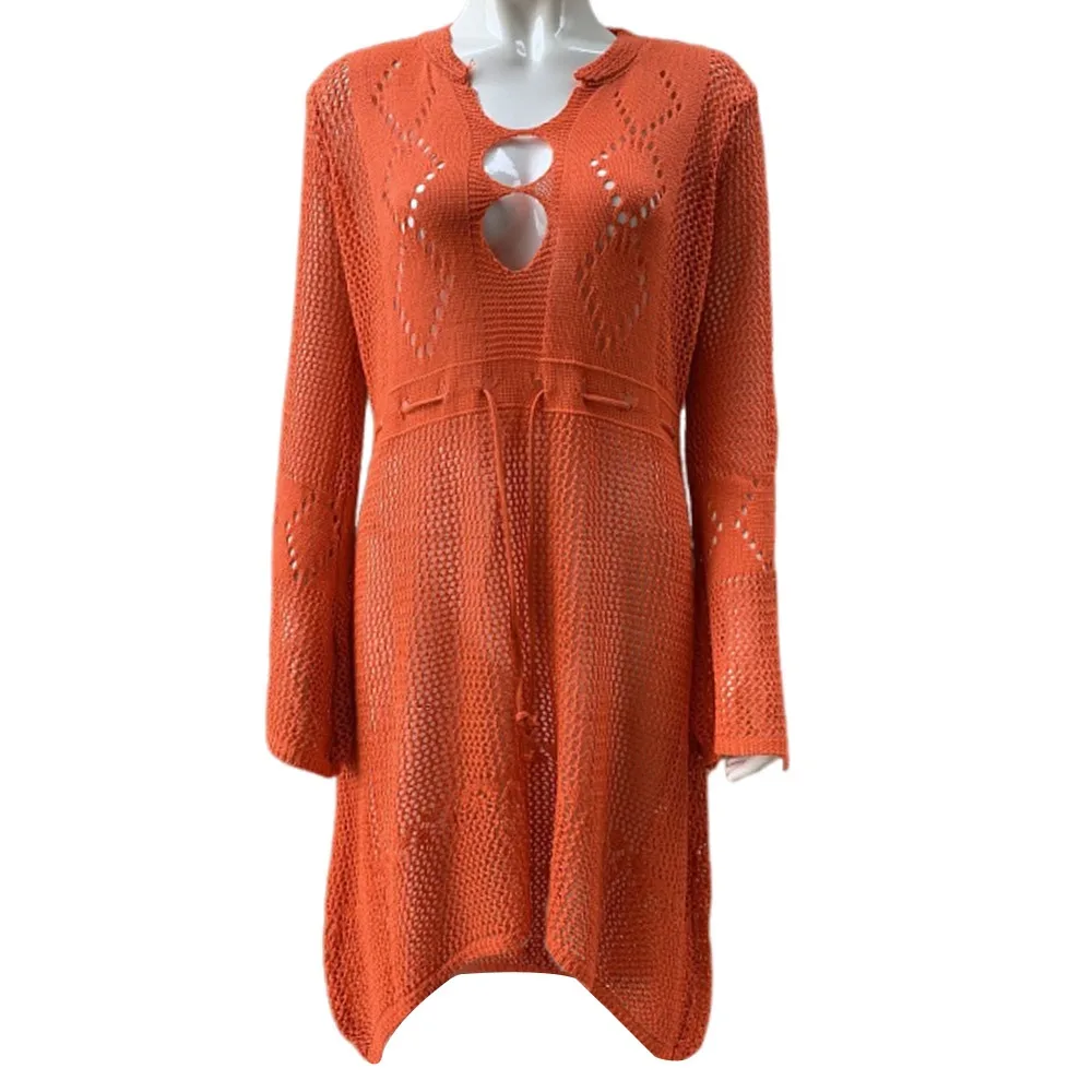 

Fashion V Neck Summer Sunscreen Smock Hollow Out Loose Beachwear Shirt Bathing Suit Knitted Swim Dress for Women