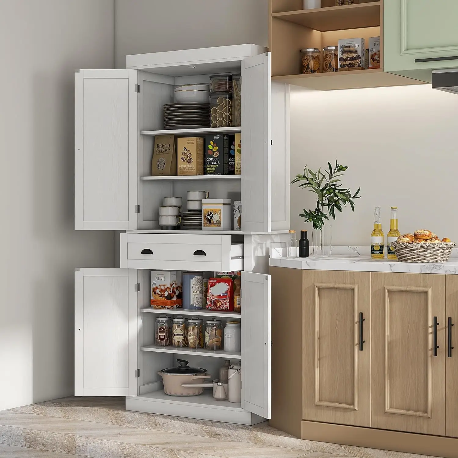 Kitchen Pantry Cabinet, Traditional Freestanding Storage Cabinet with 4 Doors, Drawer and 3 Adjustable Shelves for Dining Room,