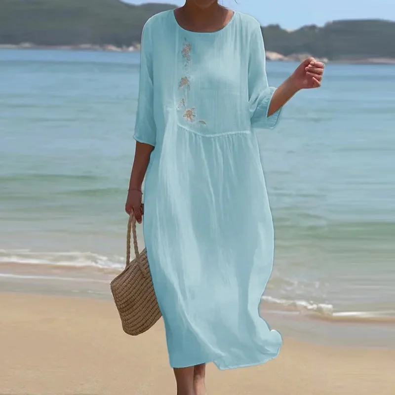 

Женское длинное платье с круглым вырезом, повседневное свободное платье-пуловер в стиле бохо с рукавом до локтя, винтажное пляжное плиссированное платье в стиле пэчворк на лето