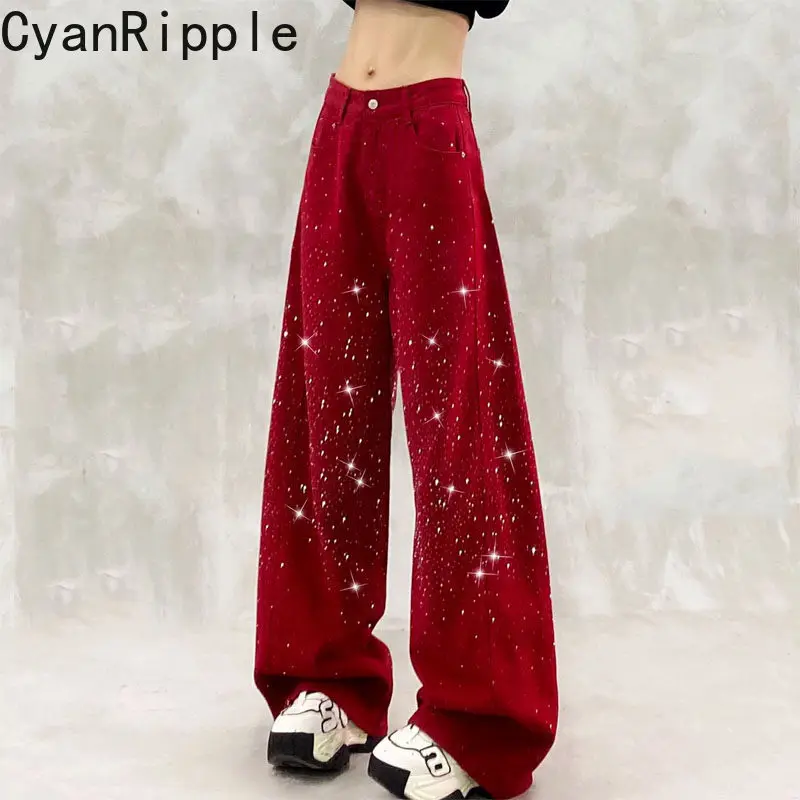 Babysbreath Shiny Hot Diamonds Wide Leg Red Jeans Women New Spring Autumn All-match High Waist Casual Straight Denim Trousers