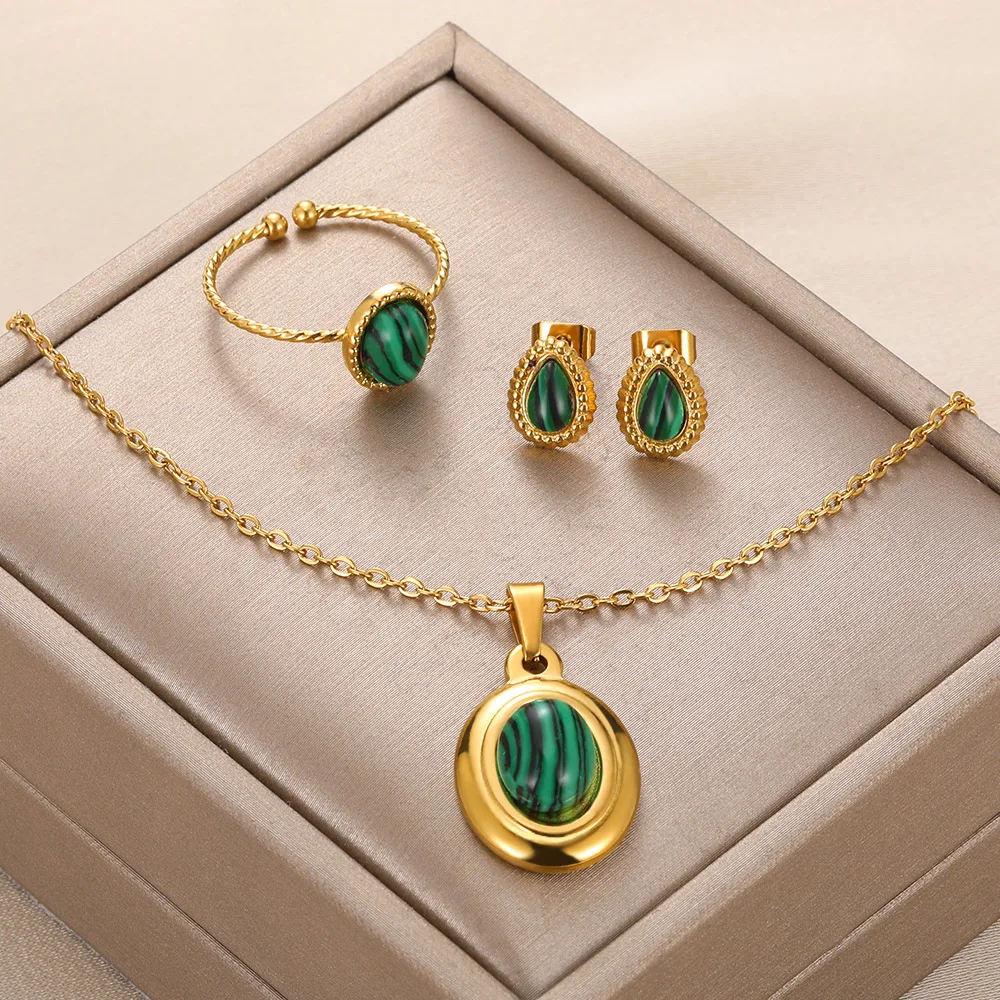 Stainless Steel Jewelry For Women Water Drop Gold Color Rings Sets Vintage Green Natural Stone Jewelry Anniversary Gift 2023 New