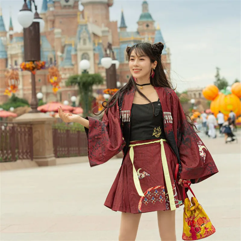 Spring Summer New Women Chinese Traditional Costumes Improved Hanfu Three-piece Suit Vintage Embroidery Fairy Cosplay Clothing