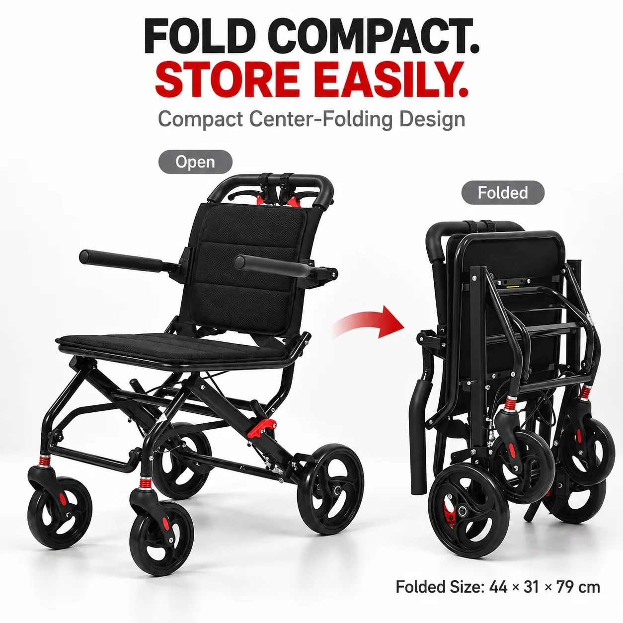Lightweight Foldable Wheelchair for Adults and Elderly Portable Manual Transport Wheelchair Compact Travel Design