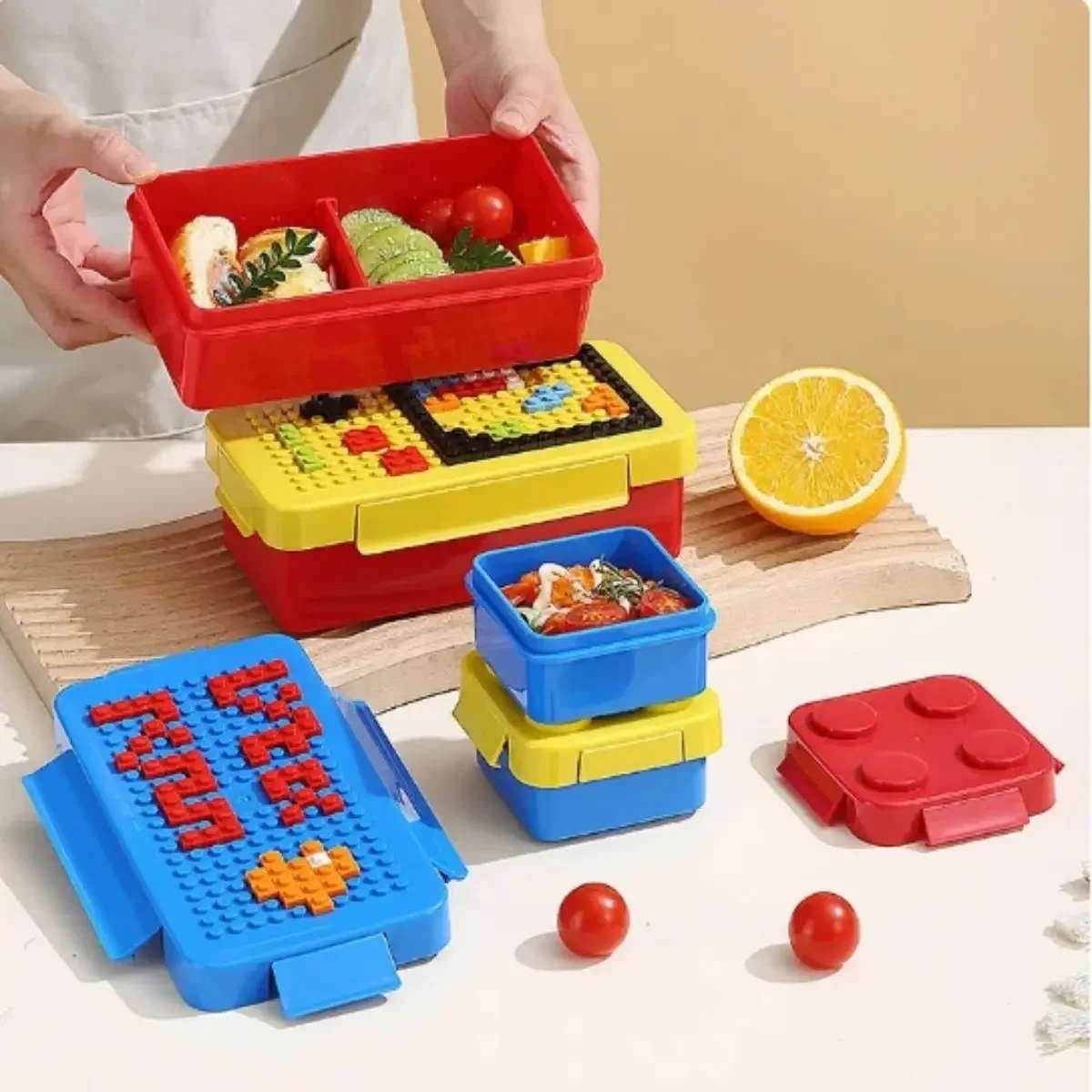 304 Stainless Kids Funny Fork Spoon Set Children Building Block Toys Cartoon Steel Tableware Portable Storage Jigsaw
