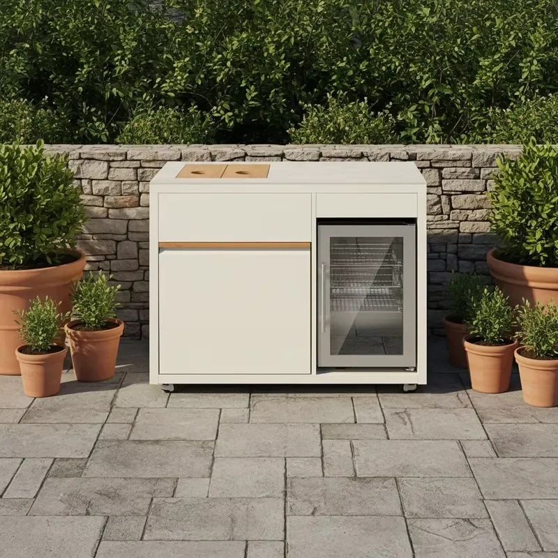68L Outdoor Kitchen Refrigerator Module with 25L Ice Bucket Glass Countertop Teak Stainless Steel BBQ Equipment Certified