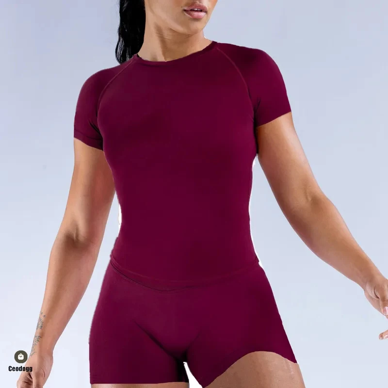 

2PCS DrDmpact Women Short Sleeve Yoga Set High Waist Scrunch Workout Pant T-Shirt Fitness Gym Sculpting Legging Activewear XP389