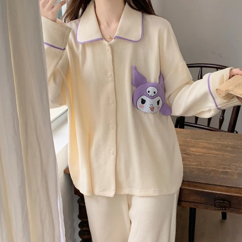 Sanrio Kulomie autumn new pajamas women's cardigan long-sleeved trousers set loose women's cartoon Hanton sweet loungewear