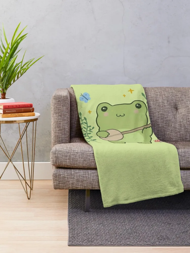 Cute Kawaii Frog Playing Banjo - Toad Plant Fungi Blue Butterfly - Cottagecore Aesthetic Mushroom - Chubby Phrog Throw Blanket