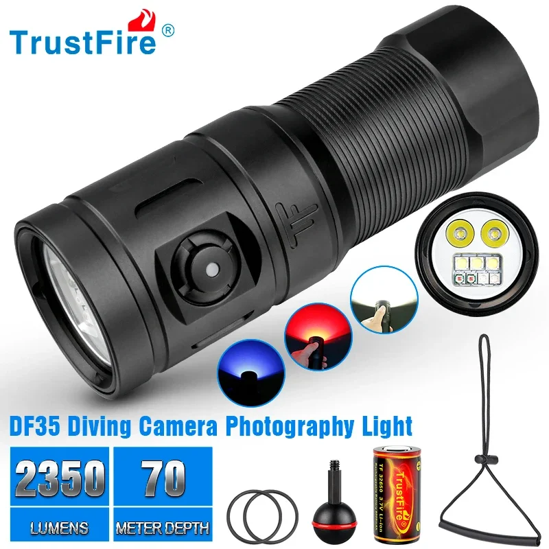 Trustfire DF35 Diving Flashlight 2350LM UV/Red/White Light Powerful LED Flashlight Underwater Lamp for Scuba Diving, Cave Diving