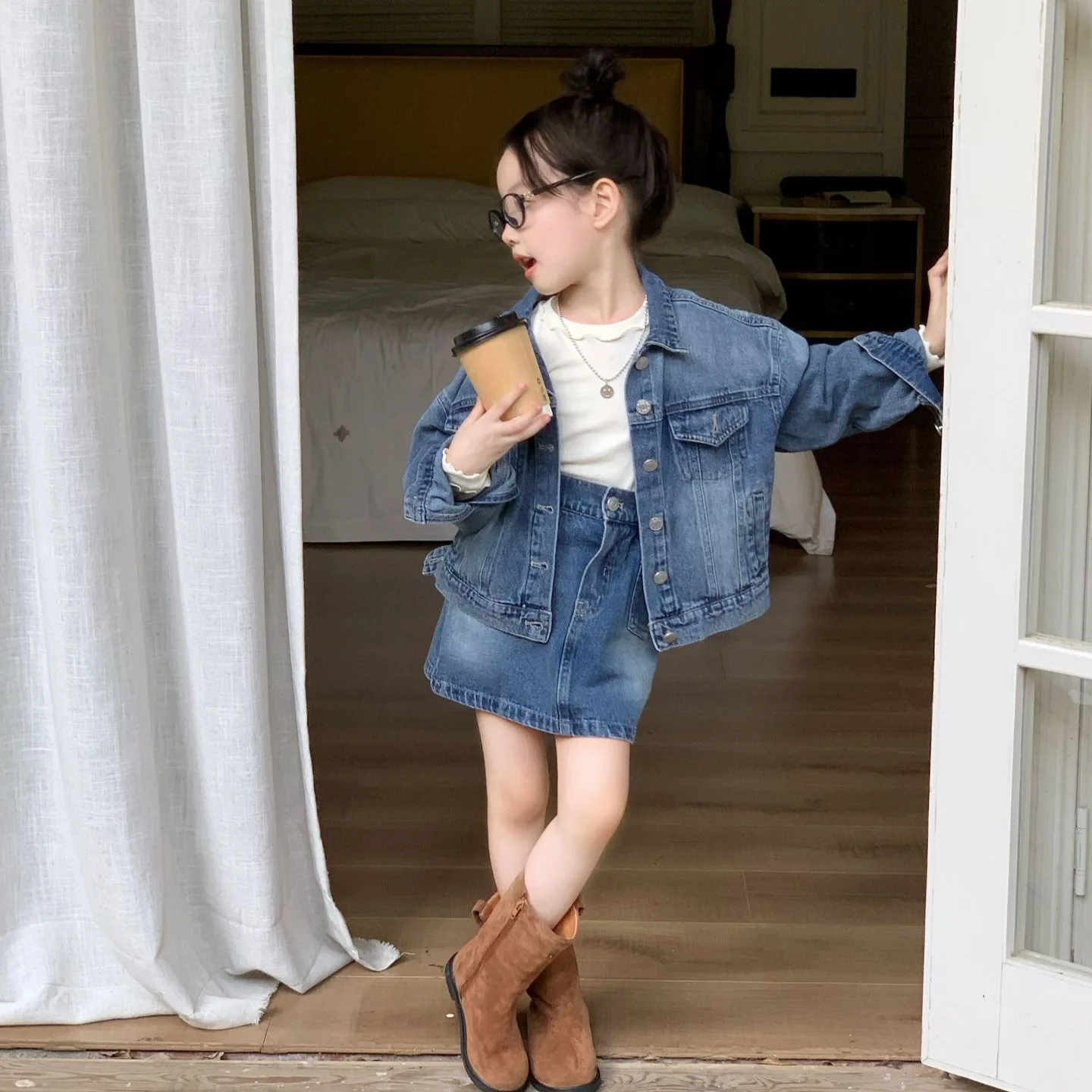 Girls' Cowboy Suit 2025 Autumn and Spring New Korean Style Baby Girls' Fashion and Simple Coat Half Skirt Two Piece Set