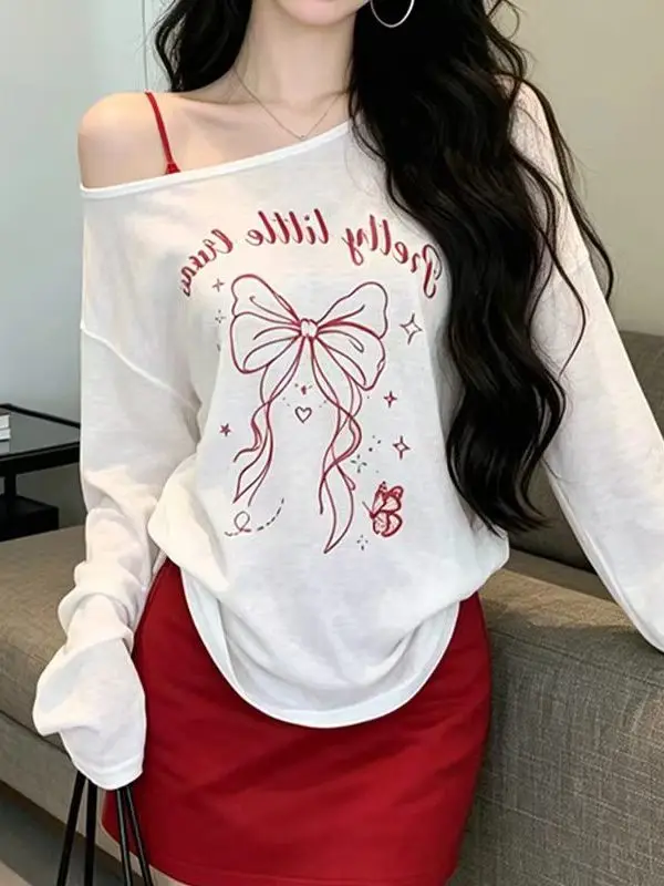 

White Thin Shoulder Bared Long Sleeve Sun Protection Cover up Women's Summer Tank Top Korean Style Air Conditioning Shirt Top